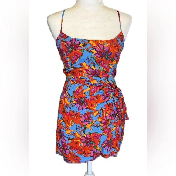 Lost + Wander Hydra Springs Red Blue Floral Wrap Mini Dress Strappy M Medium